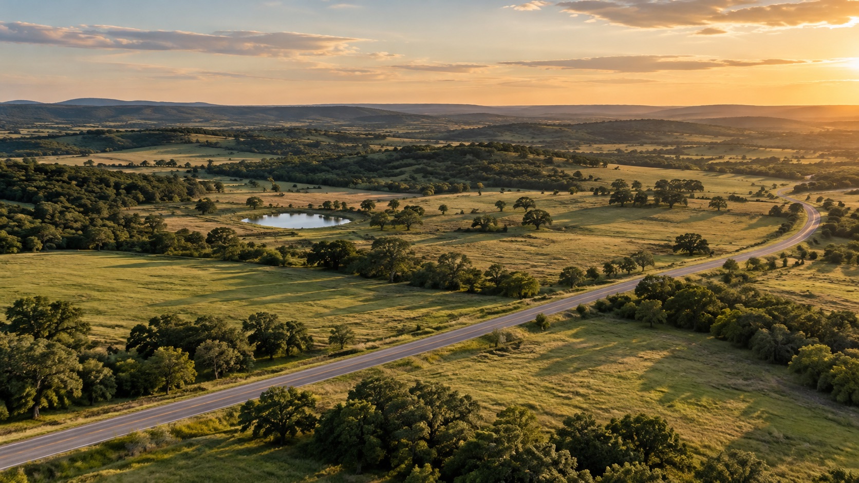 Illustrative countryside with open acreage, trees, and a pond