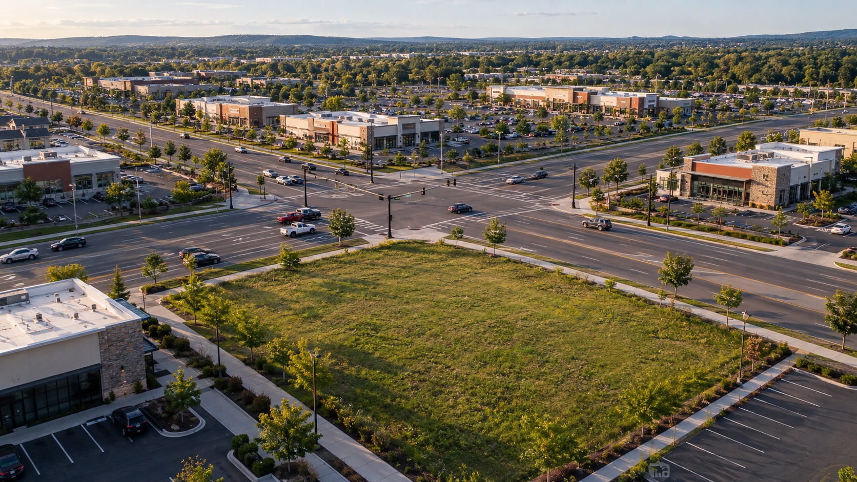 Illustrative aerial view of a vacant commercial pad at a retail intersection